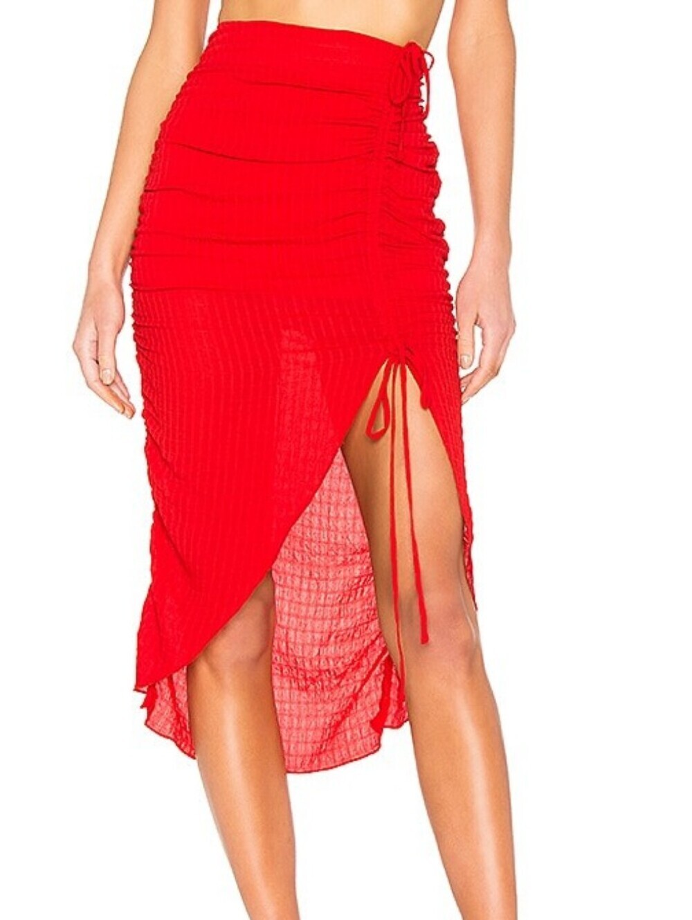 Lovers + Friends Brooke Bold Red Side Cinch Midi Skirt Sz L